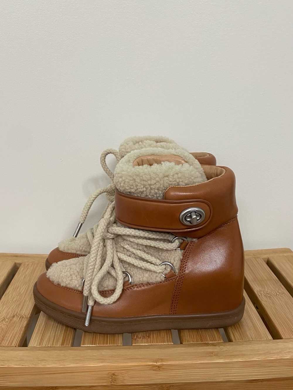 Coach Tan Leather Kids Shearling-Trim Lace Boots